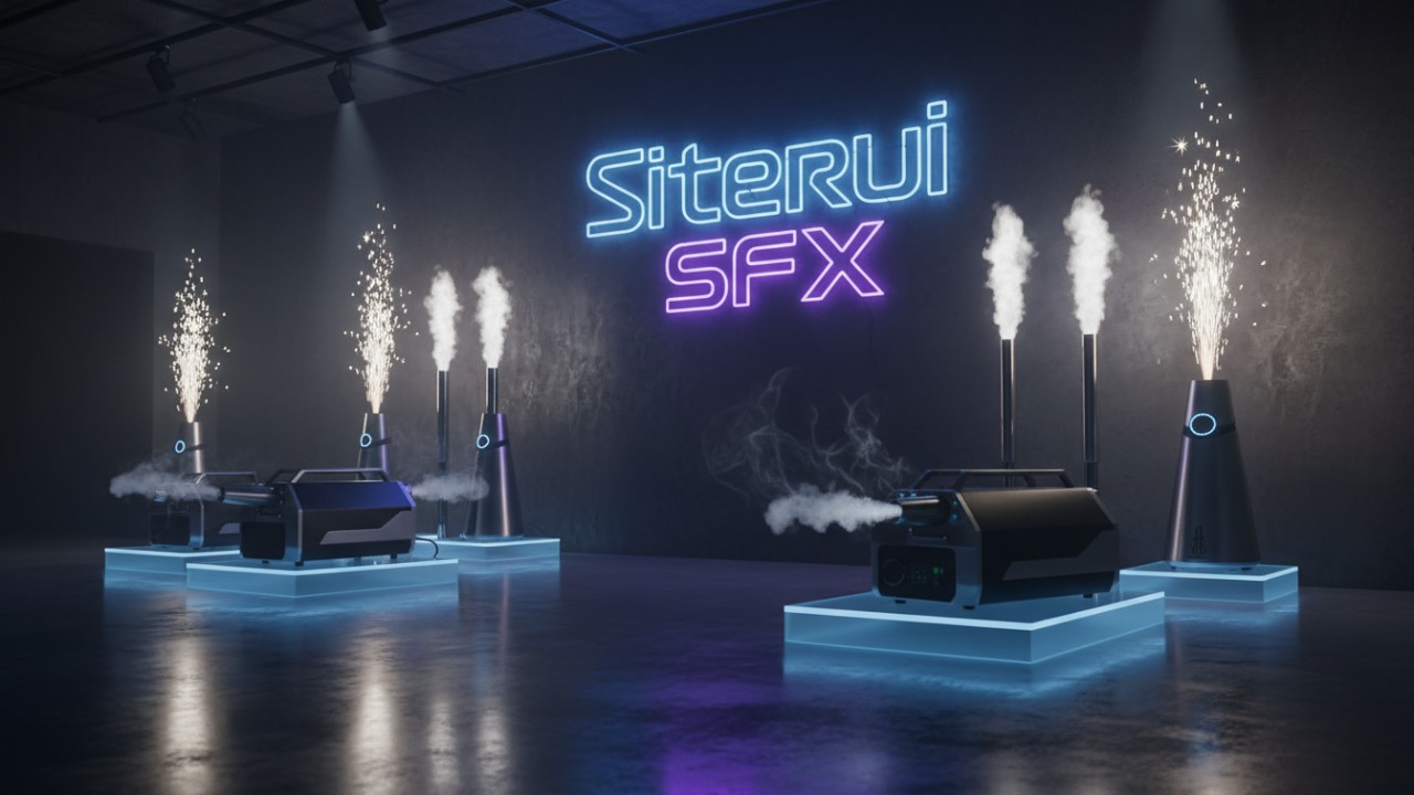 A collection of professional stage special effects equipment in a showroom with Siterui SFX neon branding.
