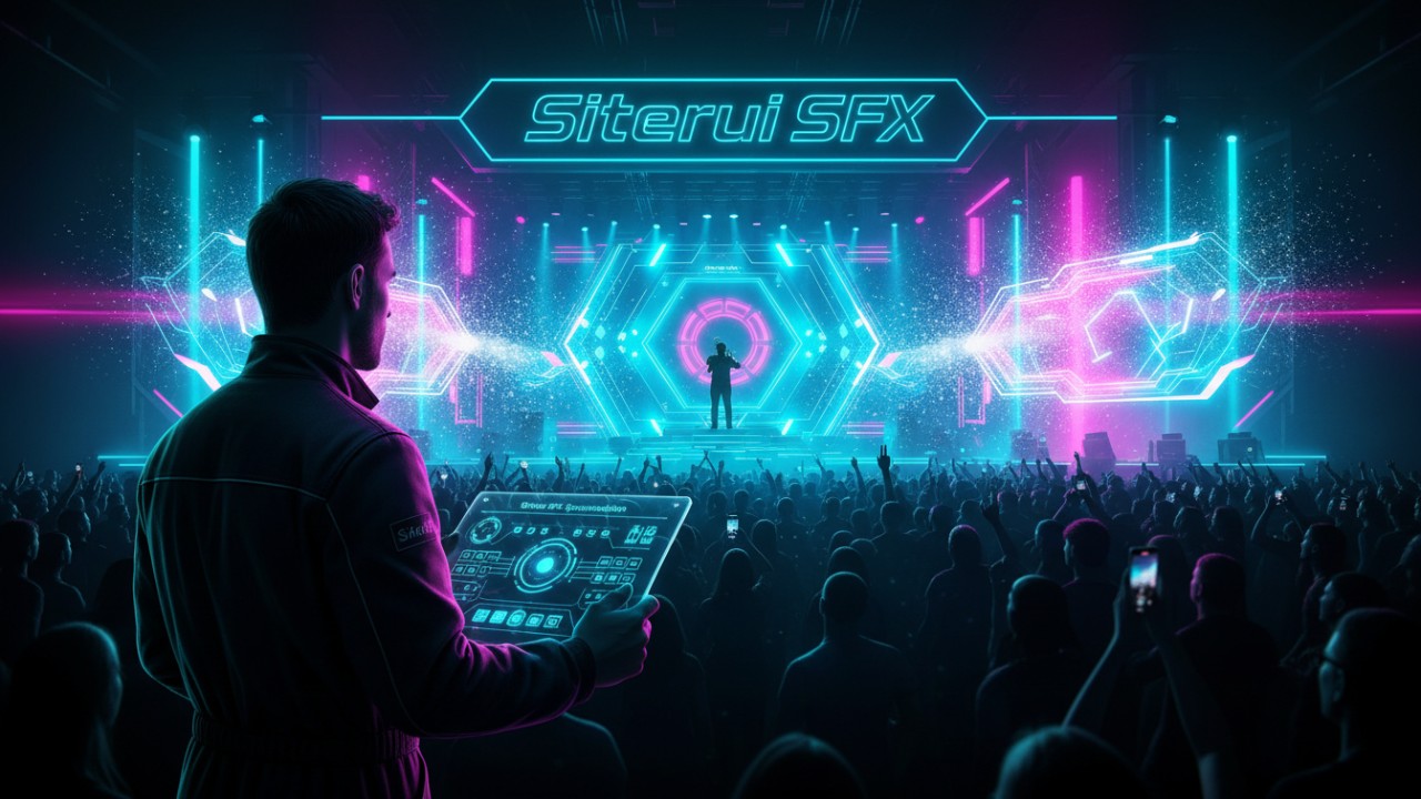 A futuristic stage design for 2026 featuring advanced special effects and a Siterui SFX neon sign.