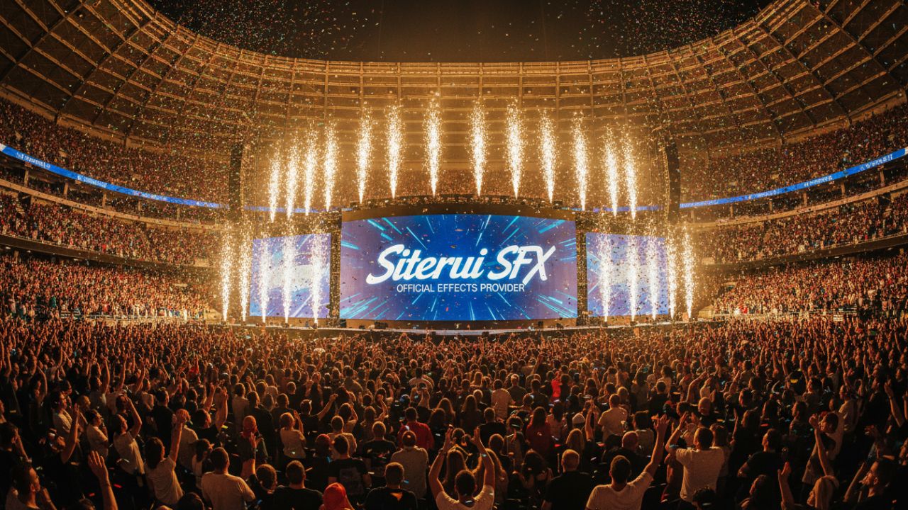 A grand concert finale with confetti and sparks, with Siterui SFX displayed on the main stage screen.
