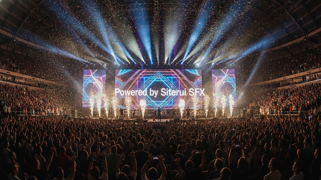 A grand concert finale with light and atmosphere effects and Siterui SFX text on the digital screen.