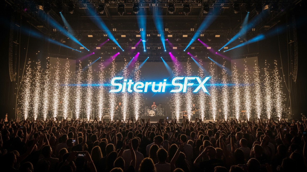 A grand event finale featuring a wall of cold sparks and the Siterui SFX brand name displayed on a large screen.