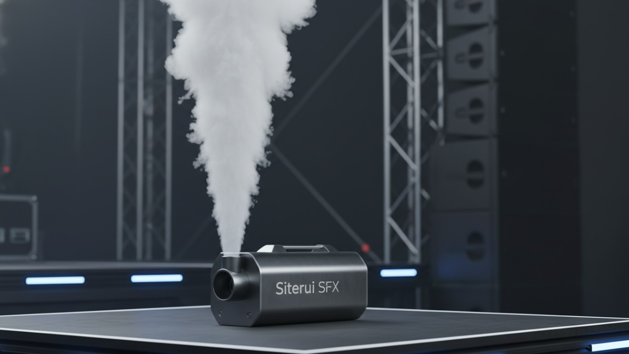 A professional CO2 jet machine firing a thick white plume of fog with the Siterui SFX brand name visible on the equipment.