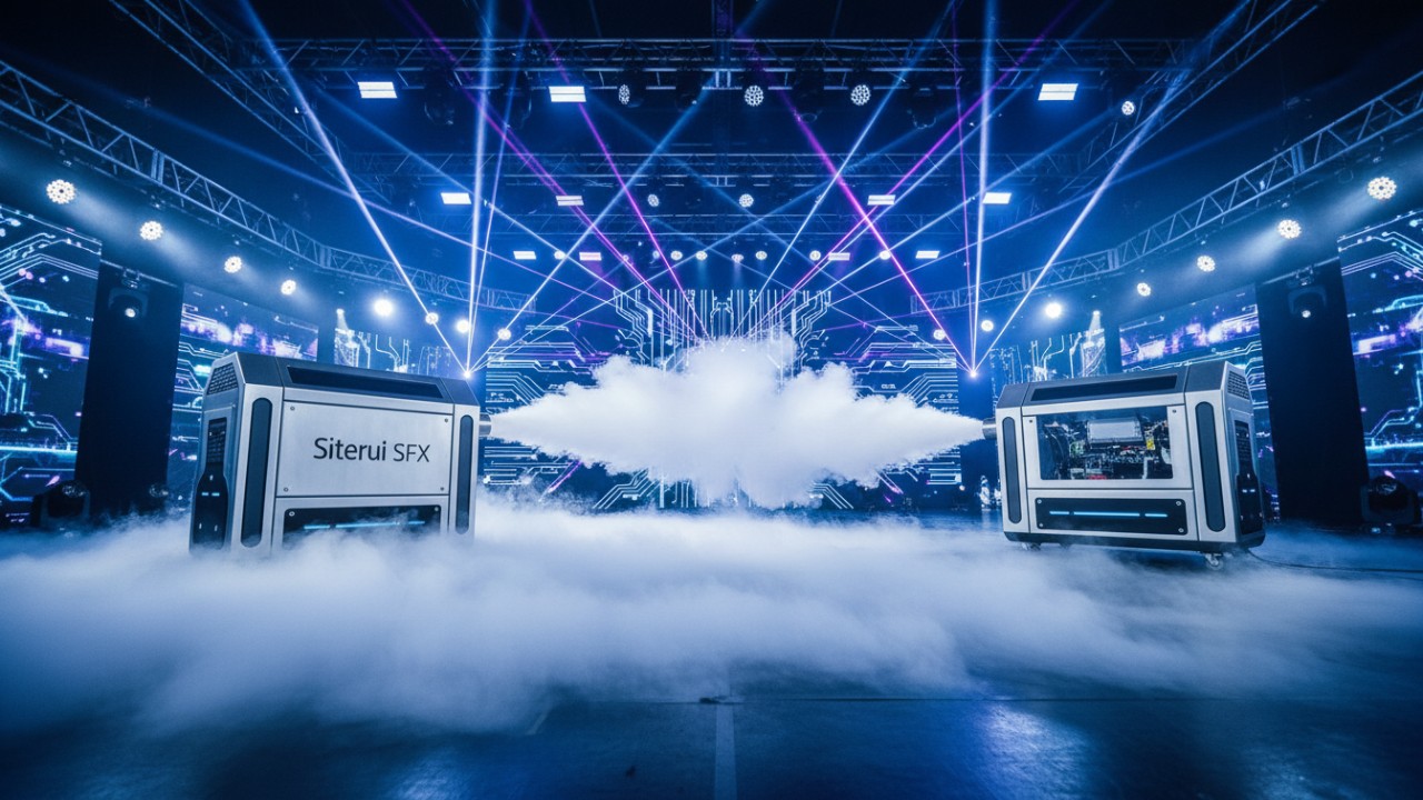 A professional stage showing the difference between thick fog and fine haze with Siterui SFX equipment.