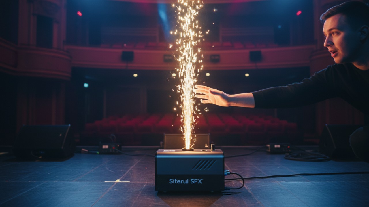 A Siterui SFX cold spark machine emitting a safe to touch fountain of golden sparks on a stage.