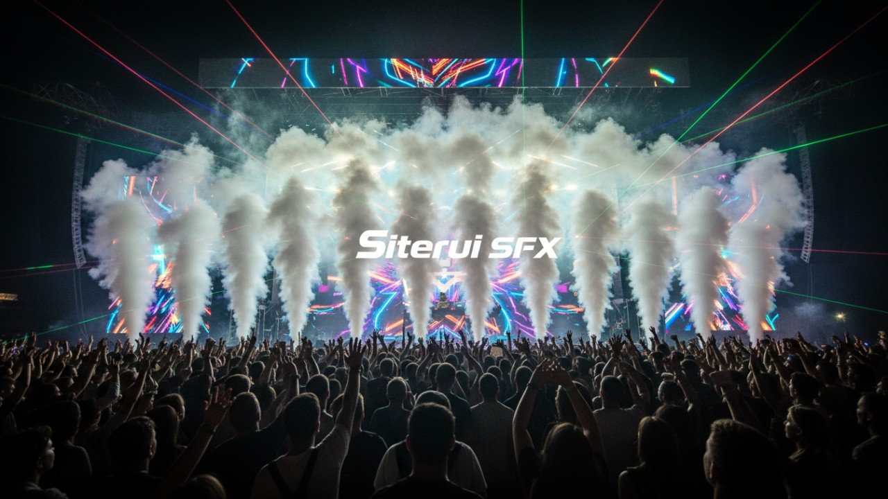 A spectacular EDM festival finale with multiple CO2 blasts on stage and the Siterui SFX logo displayed on the main screen.