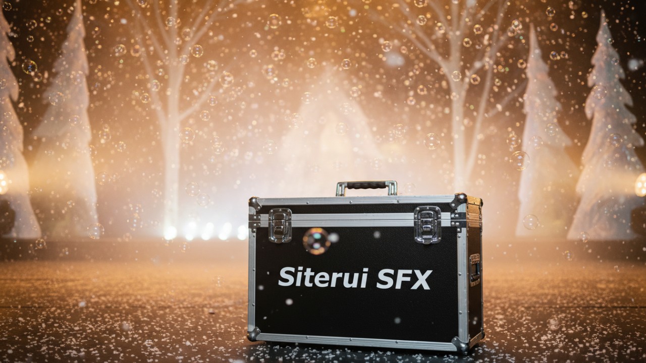Artificial snow and bubble effects on a theater stage with a Siterui SFX branded flight case.