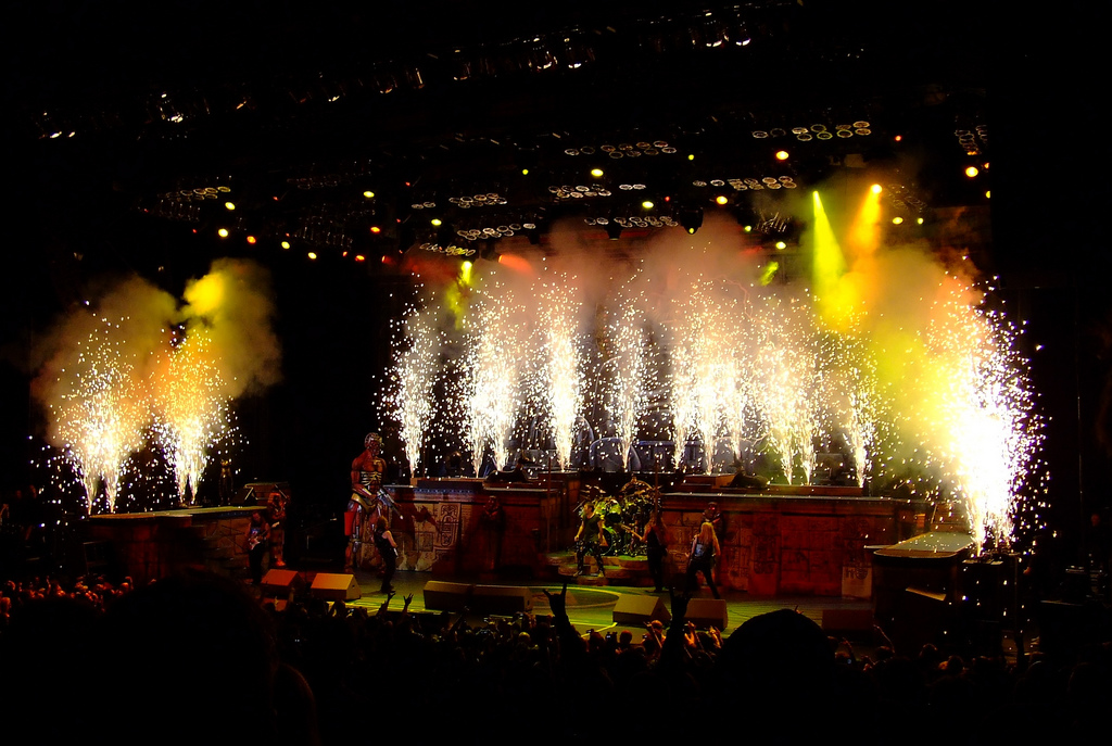 Concert stage featuring a cold spark firework machine show.