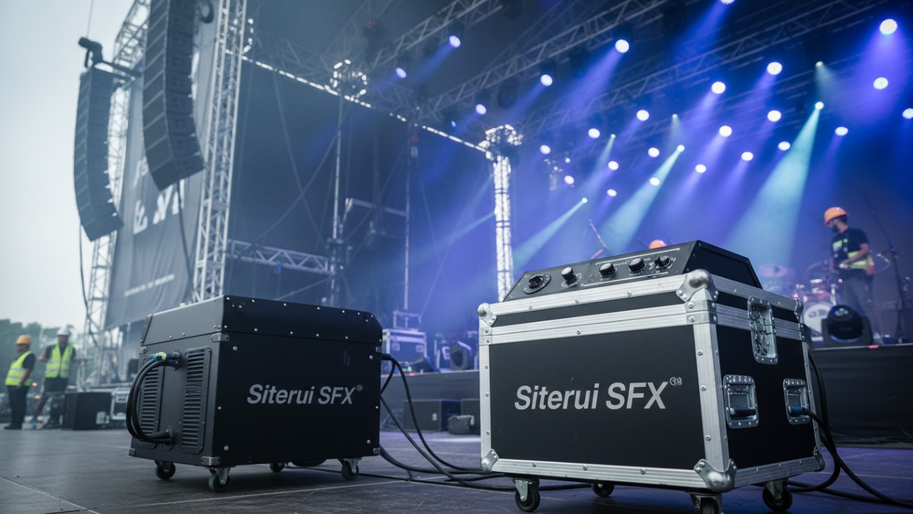 Professional Siterui SFX stage equipment including a fog machine and cold spark generator on a concert stage.