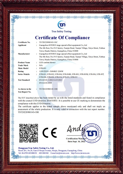 STR-I Paper Sprayer LVD Certificate - Siterui SFX